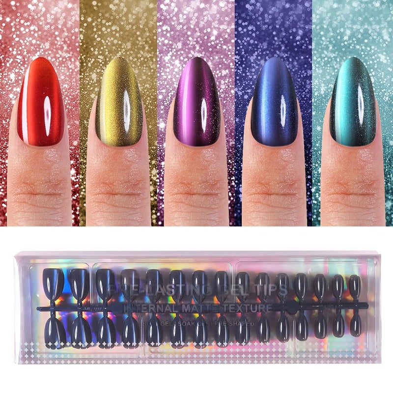 Plauva 150Pcs Cat Eye Press on Nails Medium Almond, Soft Gel Fake Nails, Glossy Glitter Cat Eye Nail Tips for Women and Girls Stick On Nails in 15 Sizes - Image 1